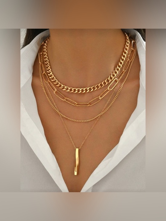 Jewelry - Gold Tone Layered Chain Necklace Set 4PC Cuban Paperclip Pendant Stack